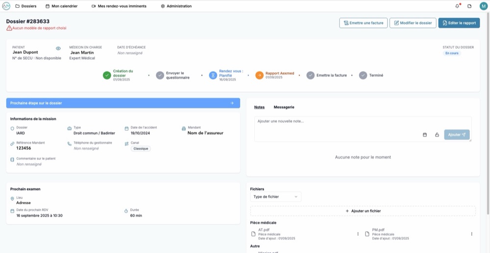 Interface de la plateforme Aexmed, gestion d'un dossier médical